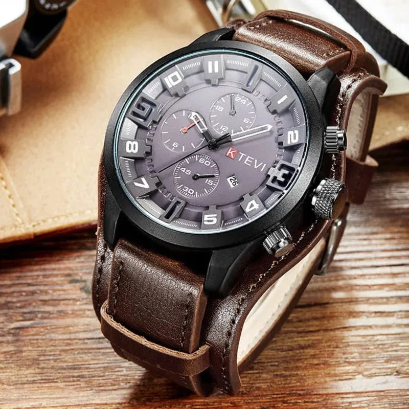 YIKAZE Retro Herrenuhren, klassisch, luxuriös, Business-Quarzuhr, modisch, großes Zifferblatt, Lederarmband, Datum, Militär-Armbanduhr für Männer
