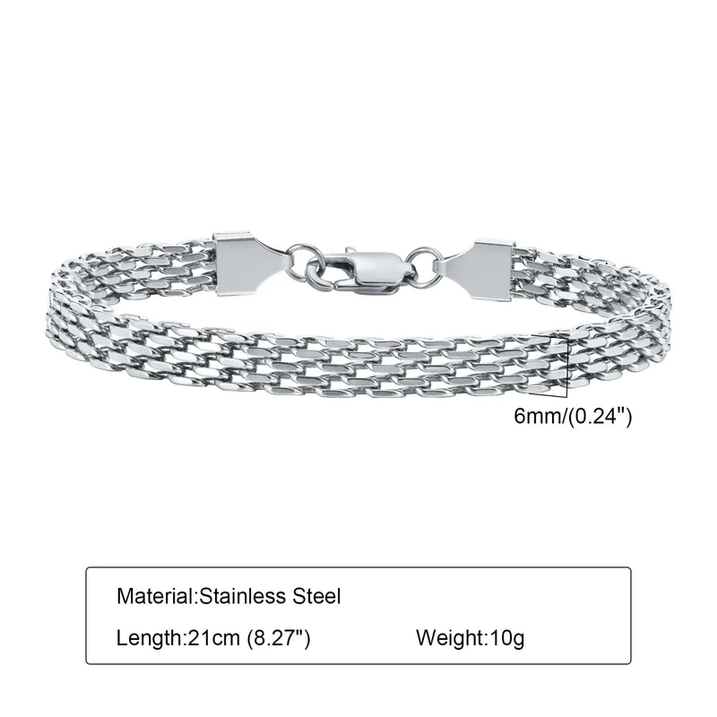 Vnox 6 mm Mesh-Gliederketten-Armbänder für Männer und Frauen, Edelstahl-Armband mit italienischen Ketten, Geschenkschmuck, 17/19/21 cm