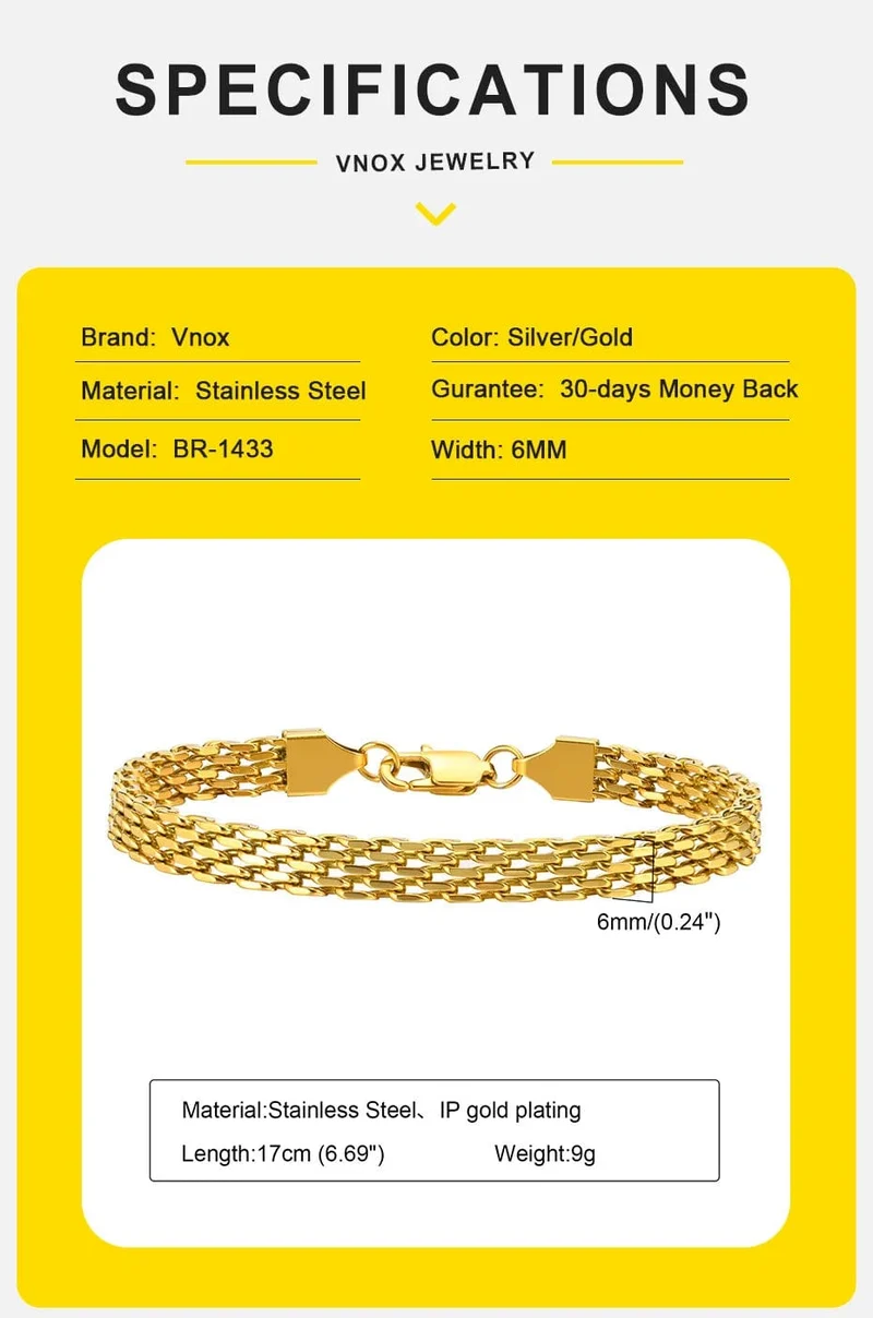 Vnox 6 mm Mesh-Gliederketten-Armbänder für Männer und Frauen, Edelstahl-Armband mit italienischen Ketten, Geschenkschmuck, 17/19/21 cm