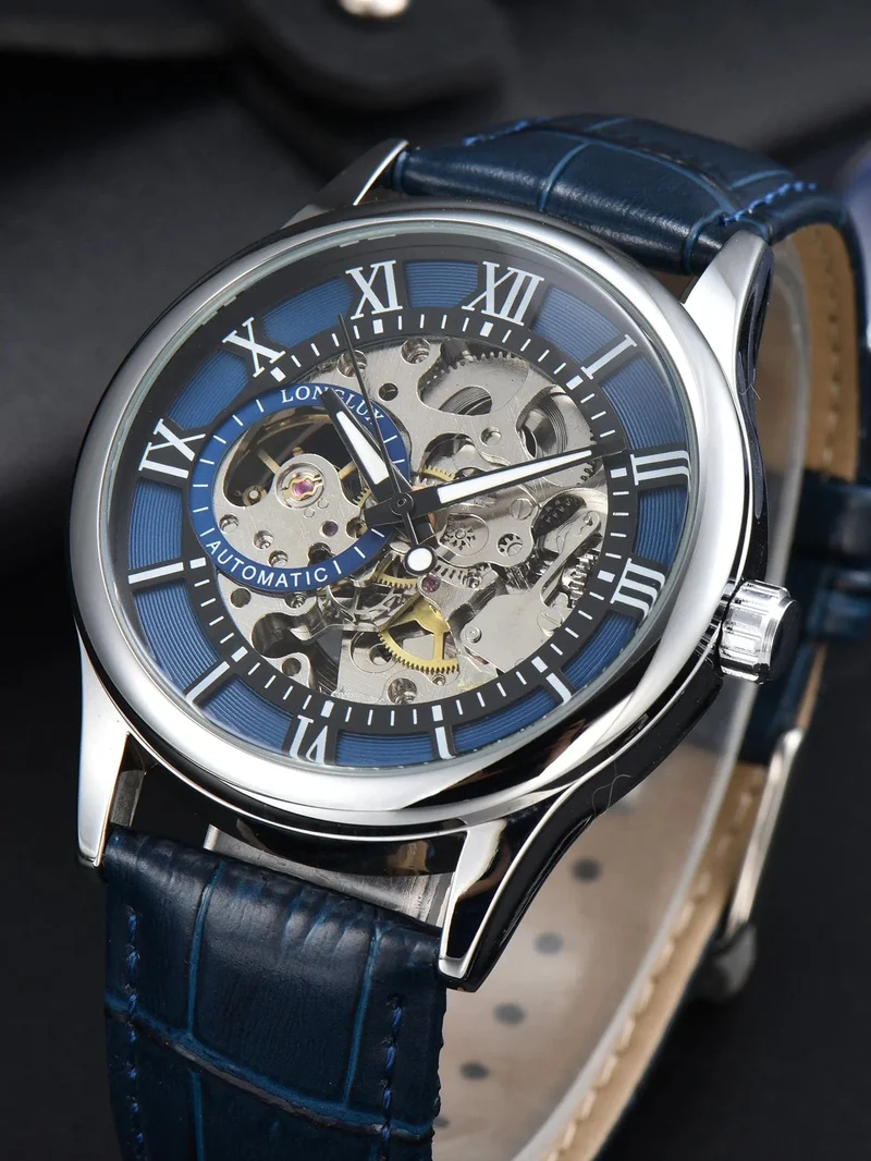 Mann uhr automatische bewegung rom skelett großhandel automatische uhr leder wasserdicht LONGLUX mechanische armbanduhren