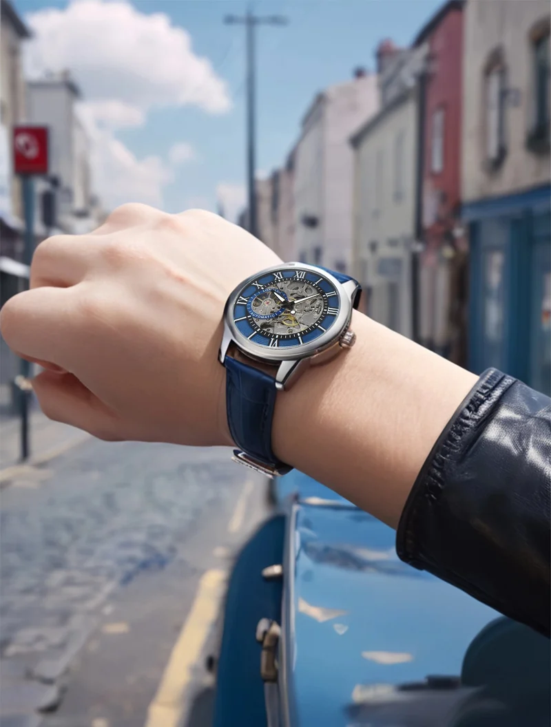 Mann uhr automatische bewegung rom skelett großhandel automatische uhr leder wasserdicht LONGLUX mechanische armbanduhren