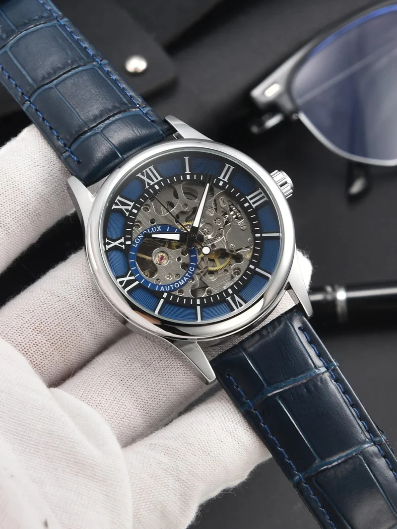 Mann uhr automatische bewegung rom skelett großhandel automatische uhr leder wasserdicht LONGLUX mechanische armbanduhren