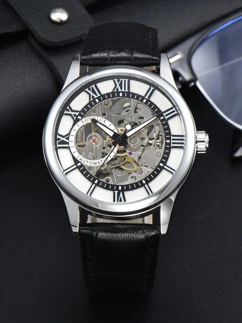 Mann uhr automatische bewegung rom skelett großhandel automatische uhr leder wasserdicht LONGLUX mechanische armbanduhren