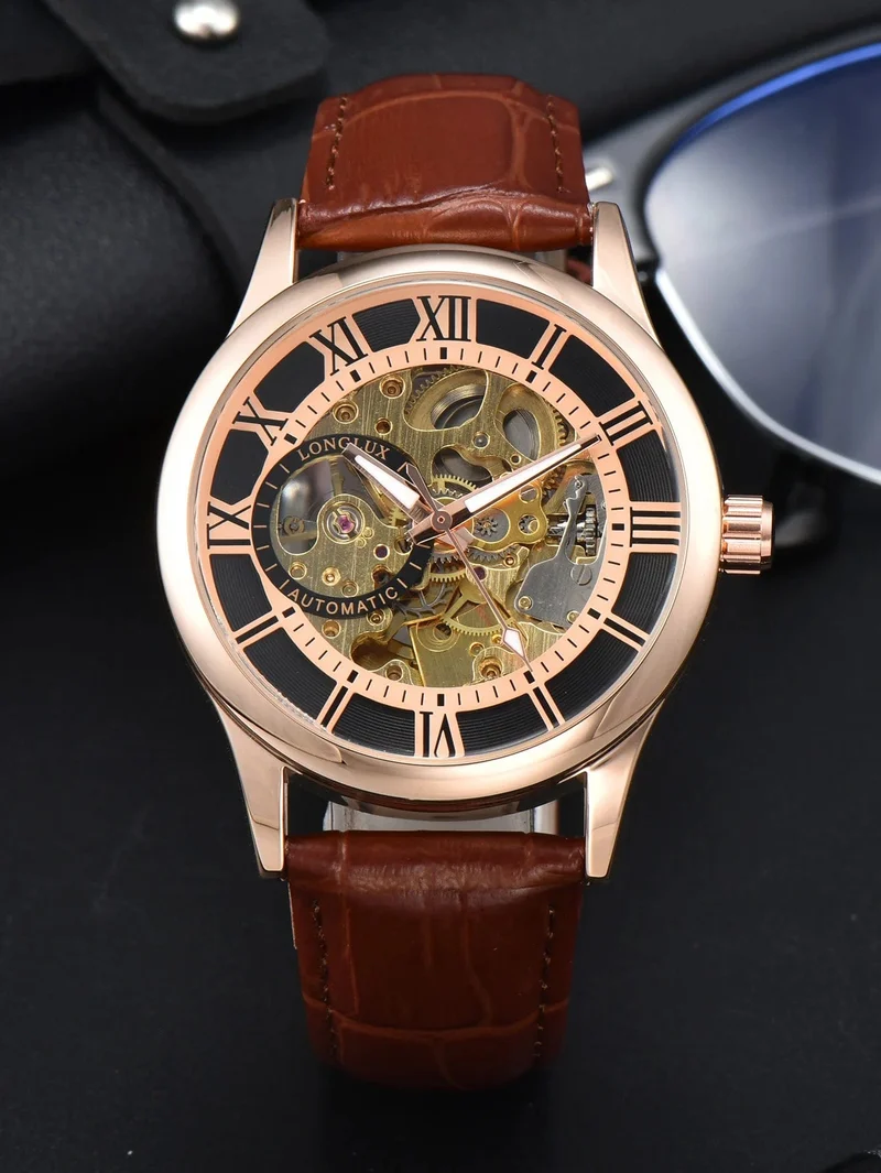 Mann uhr automatische bewegung rom skelett großhandel automatische uhr leder wasserdicht LONGLUX mechanische armbanduhren