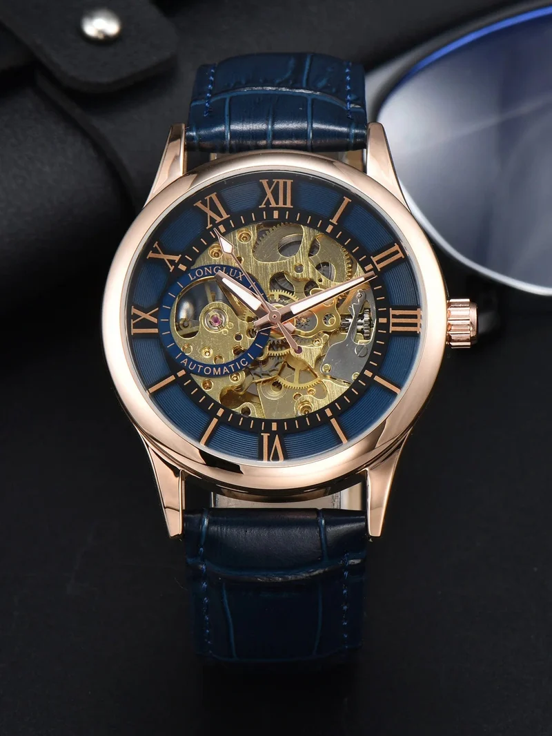 Mann uhr automatische bewegung rom skelett großhandel automatische uhr leder wasserdicht LONGLUX mechanische armbanduhren