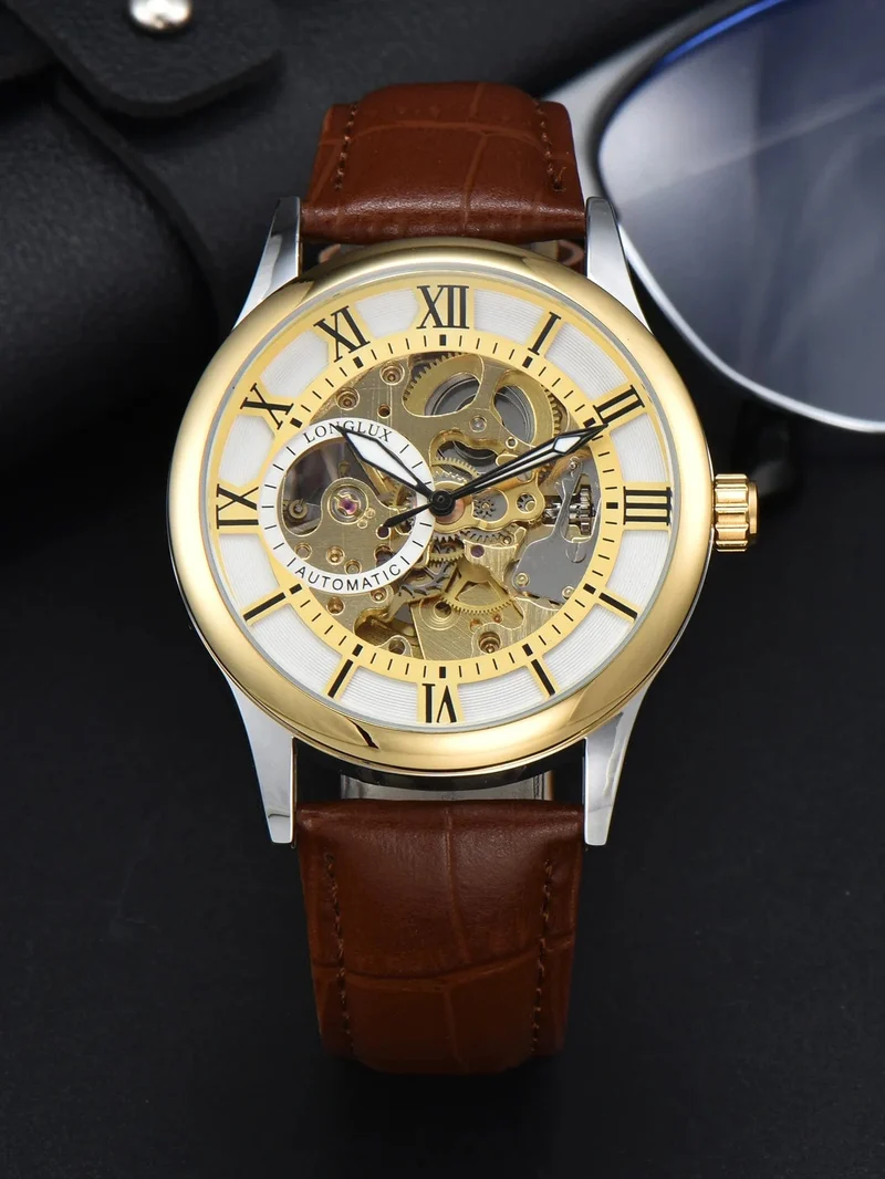 Mann uhr automatische bewegung rom skelett großhandel automatische uhr leder wasserdicht LONGLUX mechanische armbanduhren