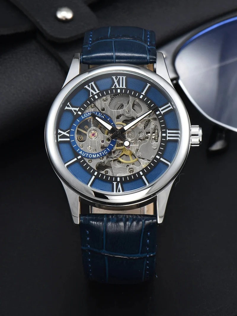 Mann uhr automatische bewegung rom skelett großhandel automatische uhr leder wasserdicht LONGLUX mechanische armbanduhren