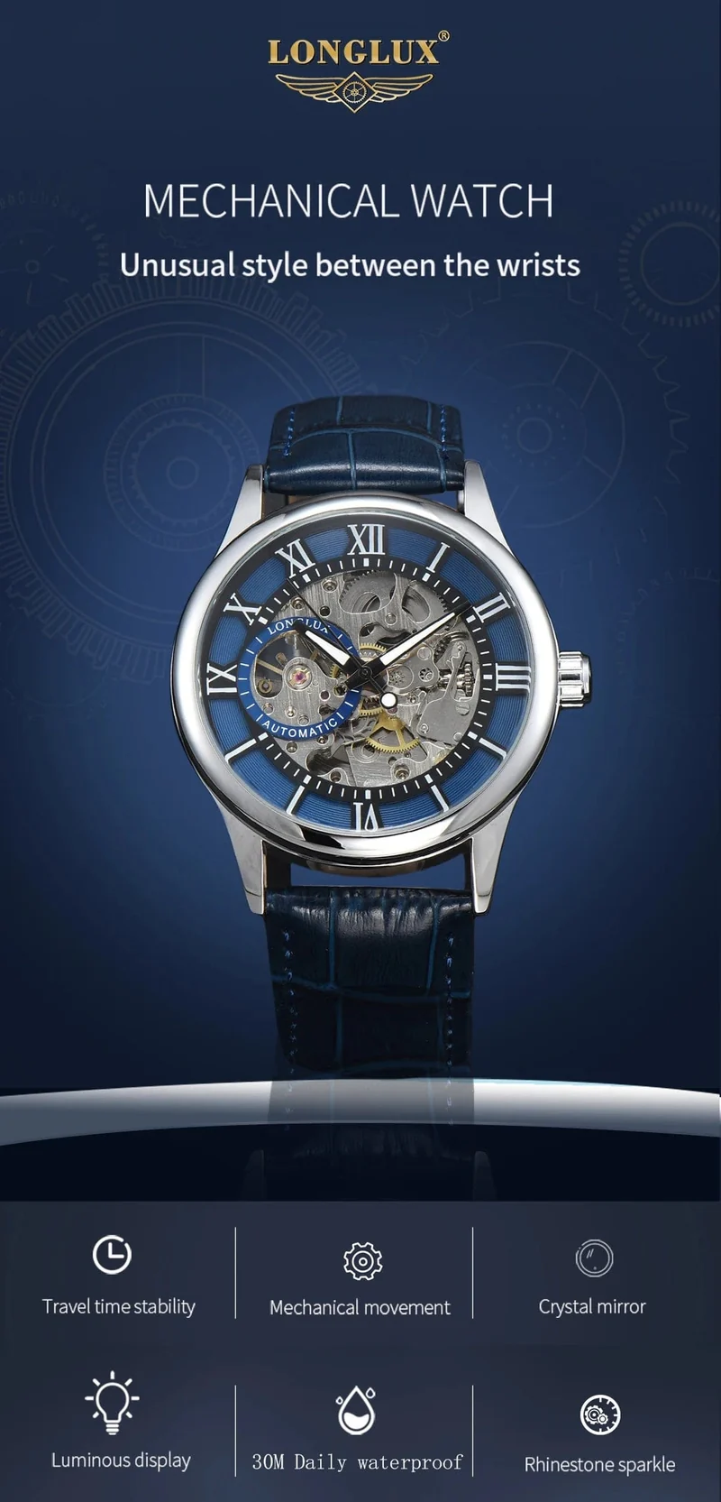 Mann uhr automatische bewegung rom skelett großhandel automatische uhr leder wasserdicht LONGLUX mechanische armbanduhren