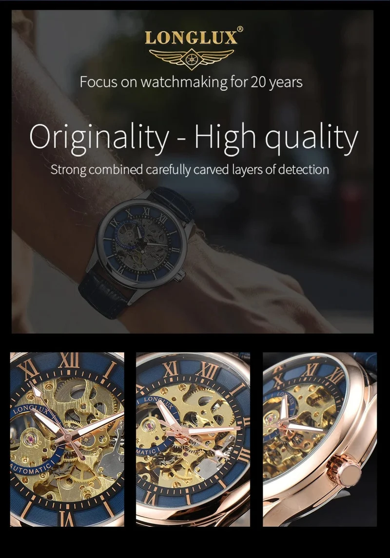Mann uhr automatische bewegung rom skelett großhandel automatische uhr leder wasserdicht LONGLUX mechanische armbanduhren