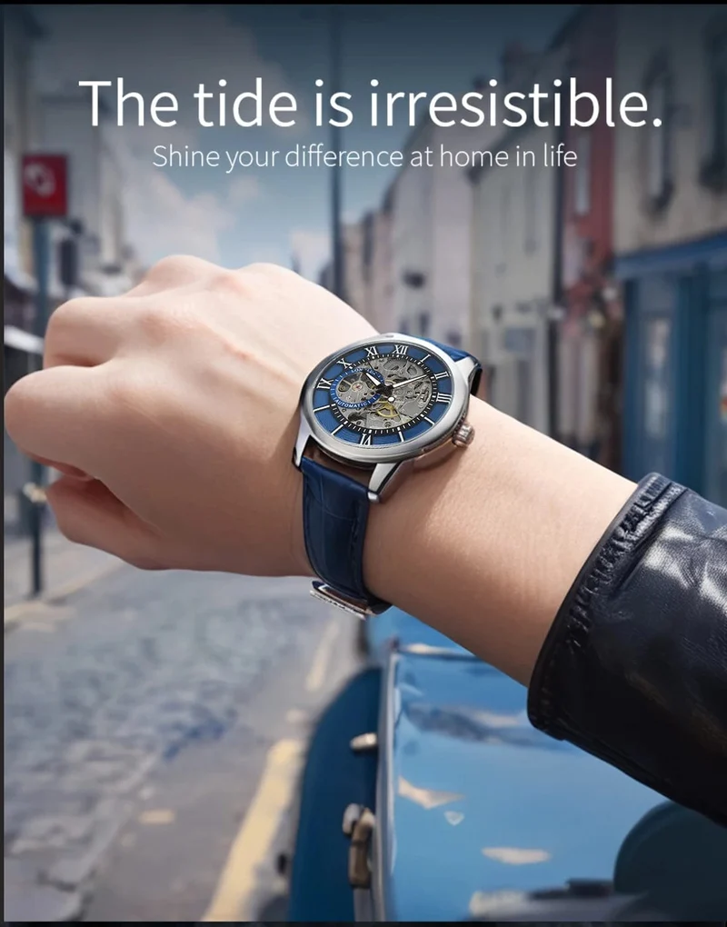 Mann uhr automatische bewegung rom skelett großhandel automatische uhr leder wasserdicht LONGLUX mechanische armbanduhren