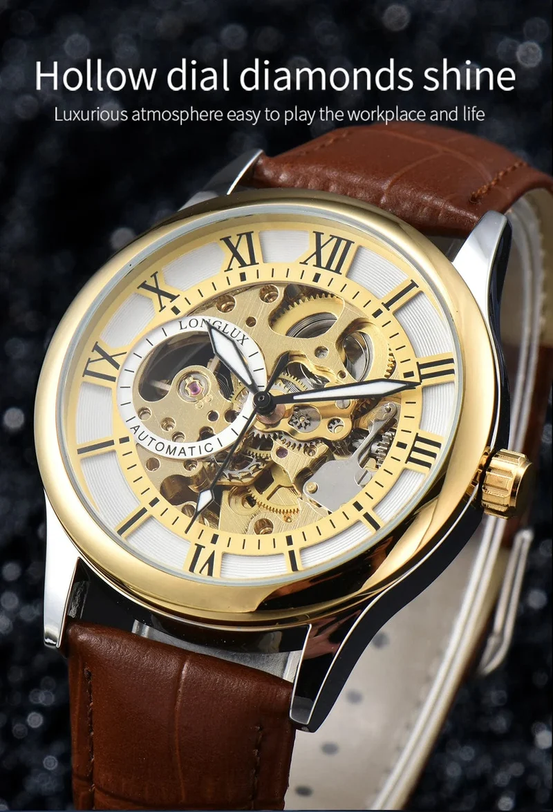 Mann uhr automatische bewegung rom skelett großhandel automatische uhr leder wasserdicht LONGLUX mechanische armbanduhren