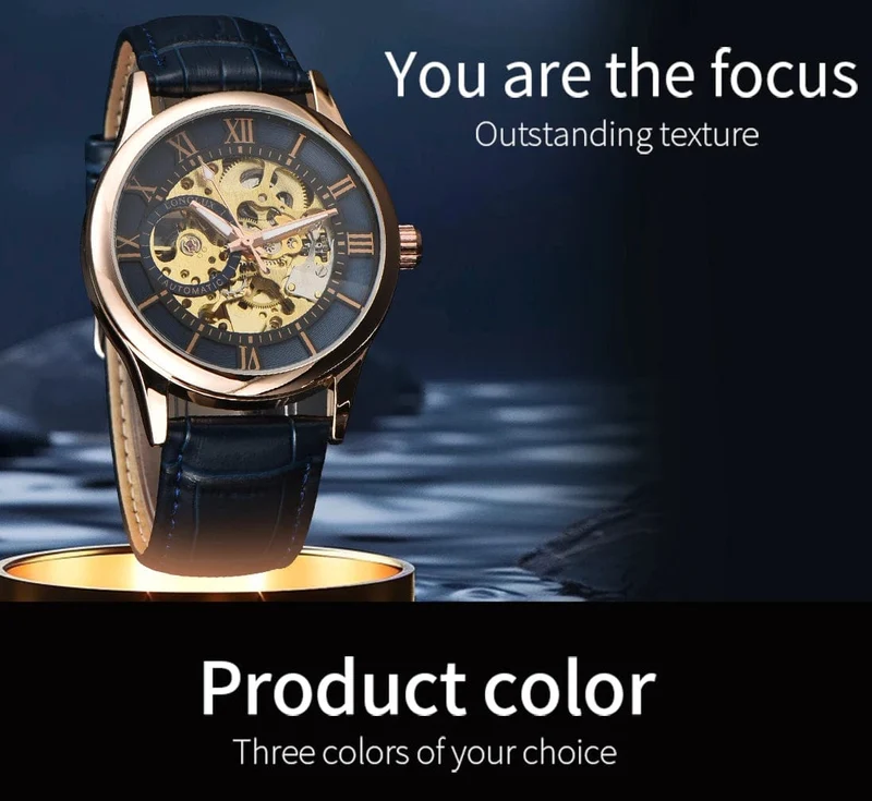 Mann uhr automatische bewegung rom skelett großhandel automatische uhr leder wasserdicht LONGLUX mechanische armbanduhren