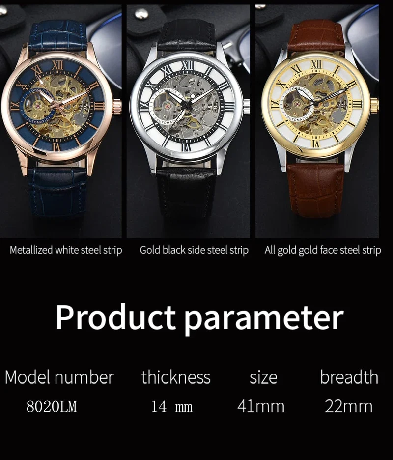 Mann uhr automatische bewegung rom skelett großhandel automatische uhr leder wasserdicht LONGLUX mechanische armbanduhren