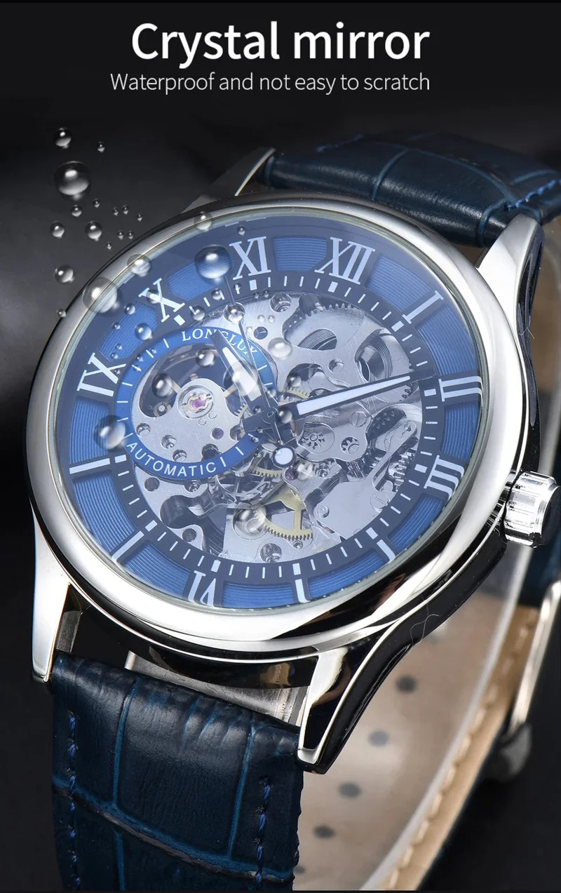 Mann uhr automatische bewegung rom skelett großhandel automatische uhr leder wasserdicht LONGLUX mechanische armbanduhren