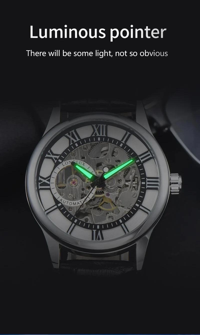 Mann uhr automatische bewegung rom skelett großhandel automatische uhr leder wasserdicht LONGLUX mechanische armbanduhren
