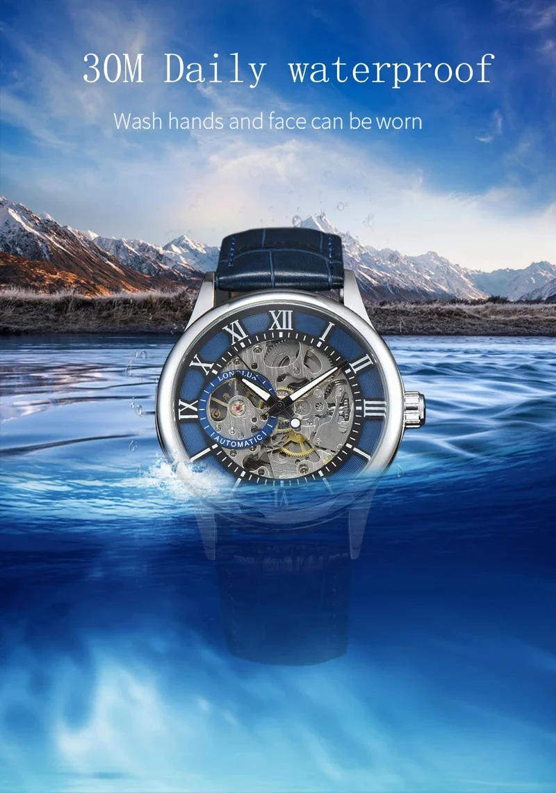 Mann uhr automatische bewegung rom skelett großhandel automatische uhr leder wasserdicht LONGLUX mechanische armbanduhren