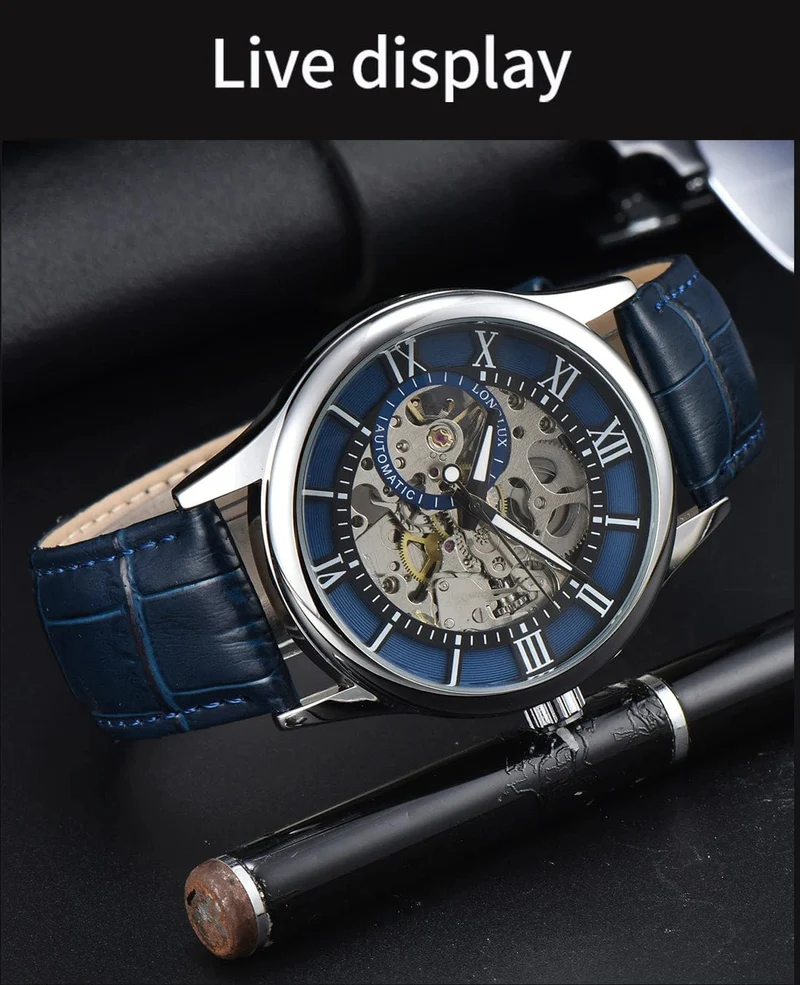 Mann uhr automatische bewegung rom skelett großhandel automatische uhr leder wasserdicht LONGLUX mechanische armbanduhren