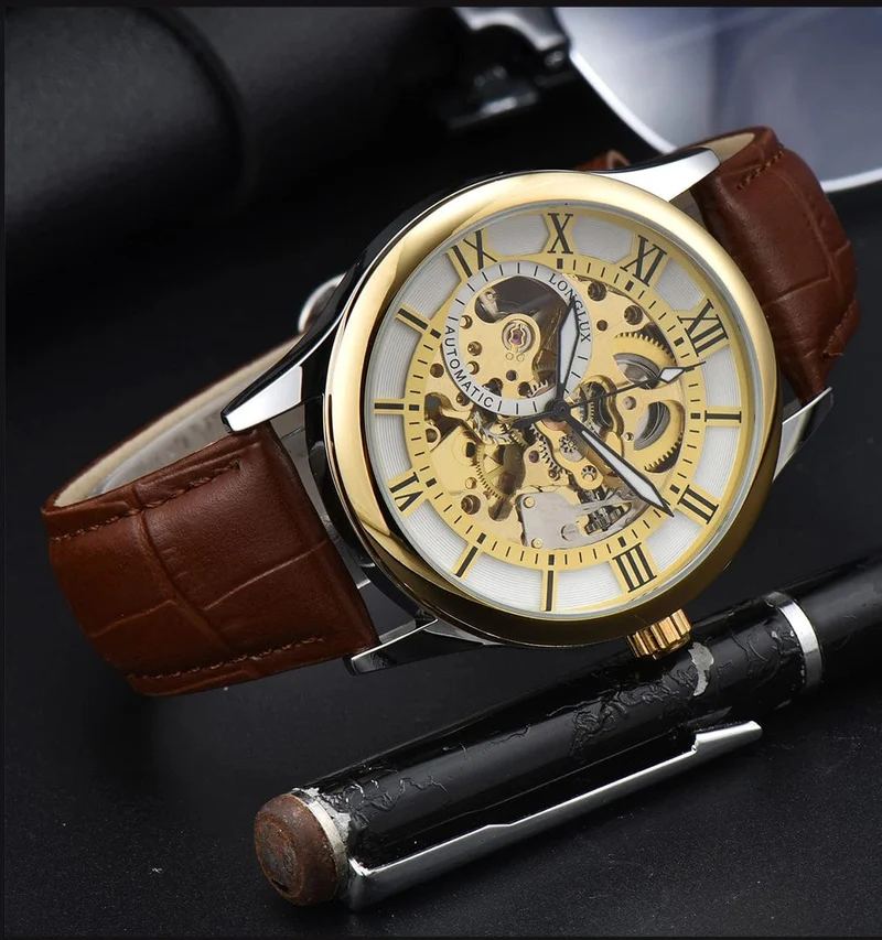 Mann uhr automatische bewegung rom skelett großhandel automatische uhr leder wasserdicht LONGLUX mechanische armbanduhren