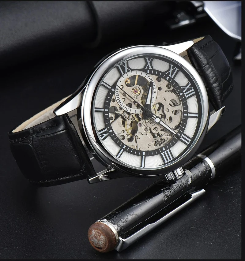 Mann uhr automatische bewegung rom skelett großhandel automatische uhr leder wasserdicht LONGLUX mechanische armbanduhren