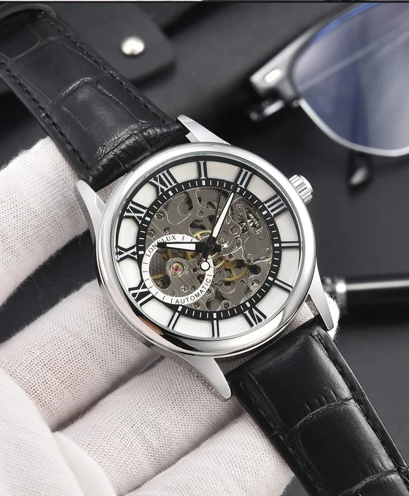 Mann uhr automatische bewegung rom skelett großhandel automatische uhr leder wasserdicht LONGLUX mechanische armbanduhren