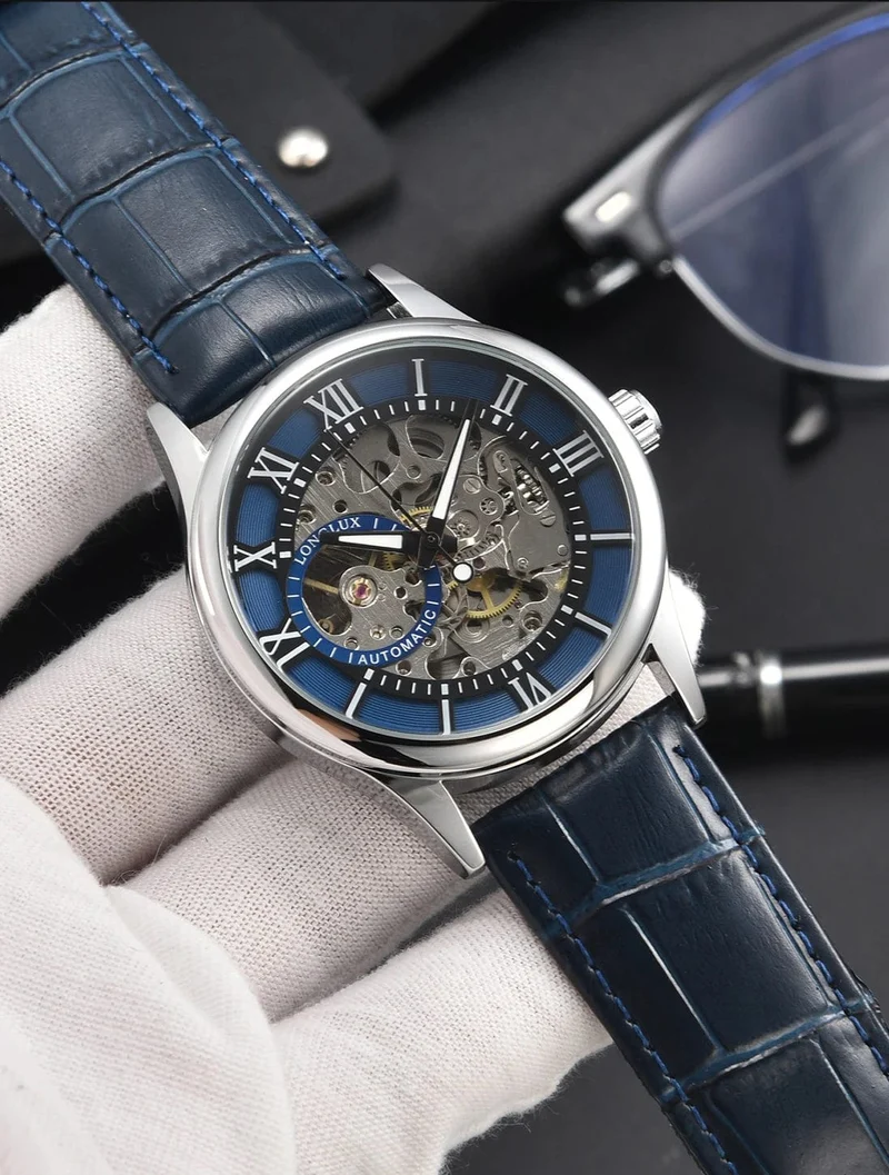 Mann uhr automatische bewegung rom skelett großhandel automatische uhr leder wasserdicht LONGLUX mechanische armbanduhren