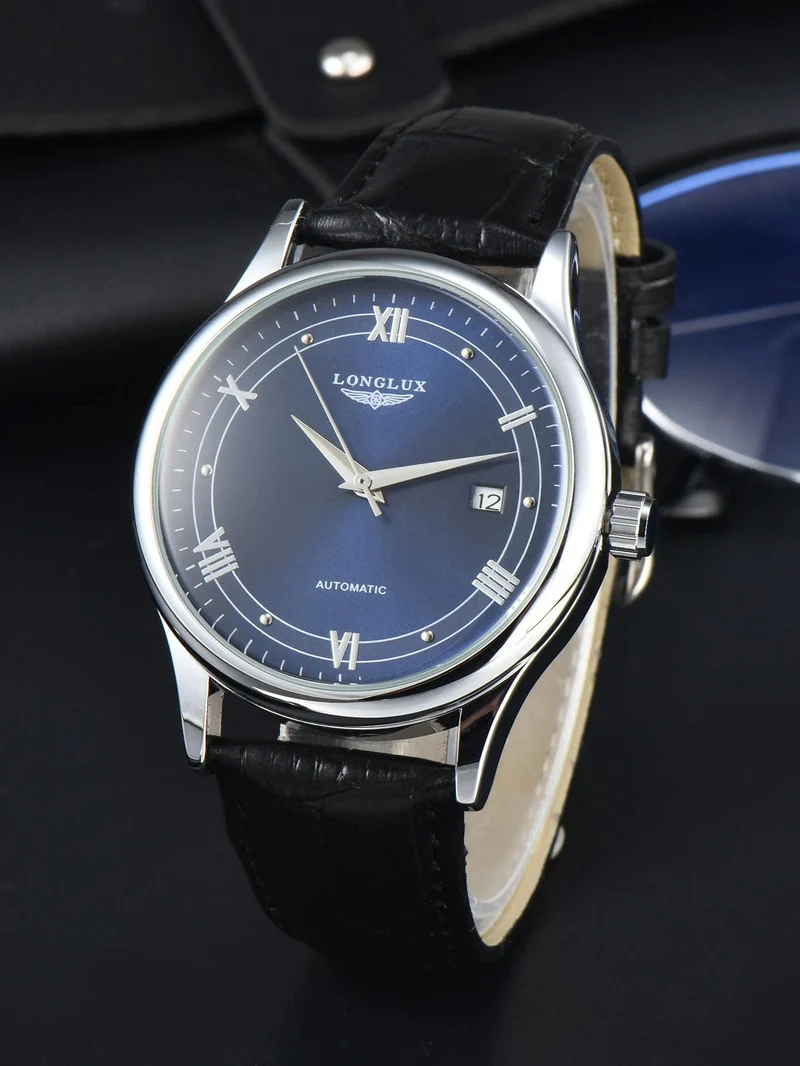 Mann uhr automatische bewegung römischen stil großhandel automatische uhr leder wasserdicht datum LONGLUX mechanische armbanduhren