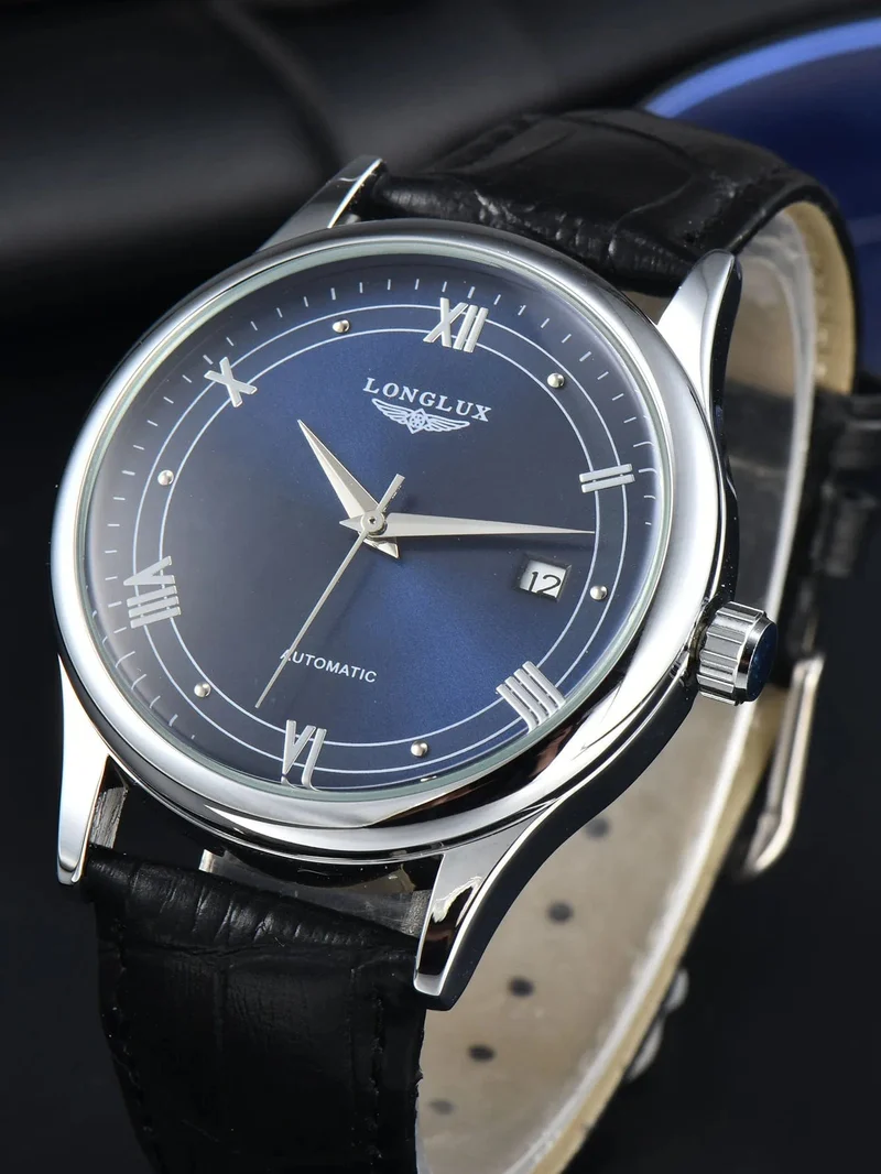 Mann uhr automatische bewegung römischen stil großhandel automatische uhr leder wasserdicht datum LONGLUX mechanische armbanduhren