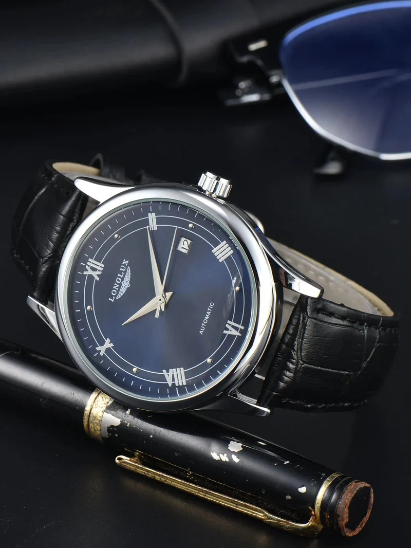 Mann uhr automatische bewegung römischen stil großhandel automatische uhr leder wasserdicht datum LONGLUX mechanische armbanduhren