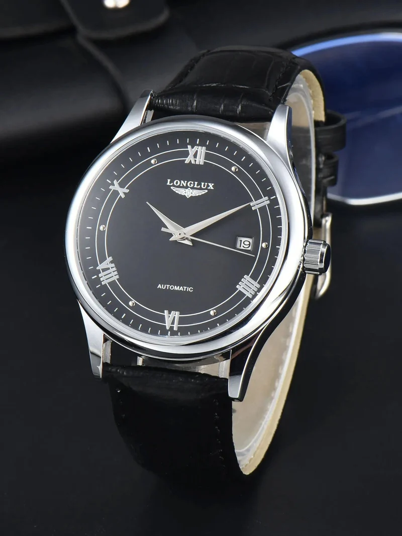 Mann uhr automatische bewegung römischen stil großhandel automatische uhr leder wasserdicht datum LONGLUX mechanische armbanduhren
