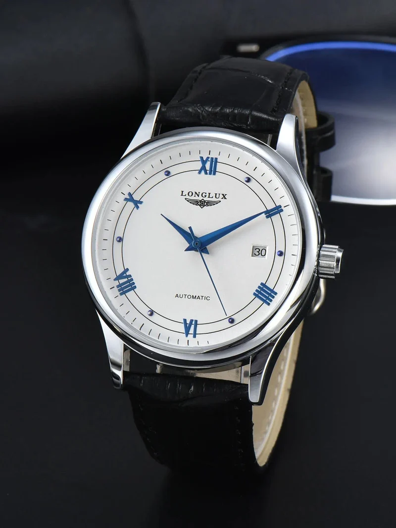 Mann uhr automatische bewegung römischen stil großhandel automatische uhr leder wasserdicht datum LONGLUX mechanische armbanduhren