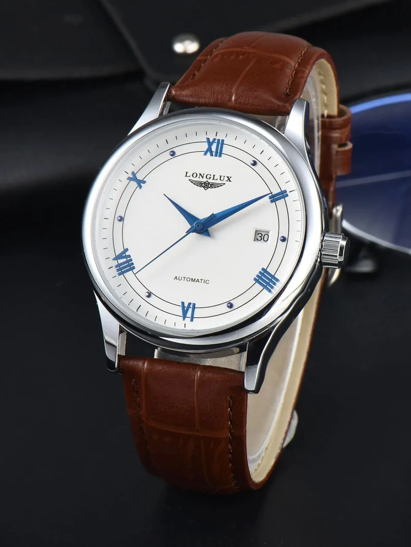 Mann uhr automatische bewegung römischen stil großhandel automatische uhr leder wasserdicht datum LONGLUX mechanische armbanduhren