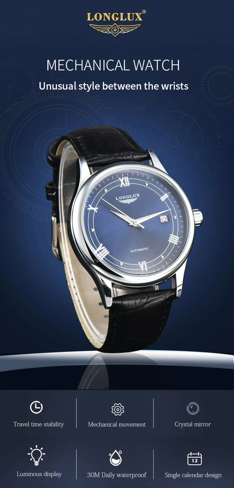 Mann uhr automatische bewegung römischen stil großhandel automatische uhr leder wasserdicht datum LONGLUX mechanische armbanduhren