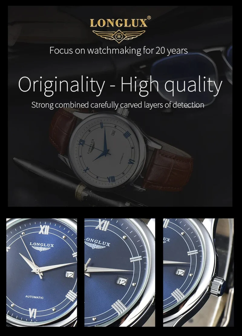 Mann uhr automatische bewegung römischen stil großhandel automatische uhr leder wasserdicht datum LONGLUX mechanische armbanduhren