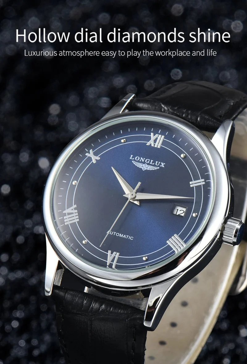 Mann uhr automatische bewegung römischen stil großhandel automatische uhr leder wasserdicht datum LONGLUX mechanische armbanduhren