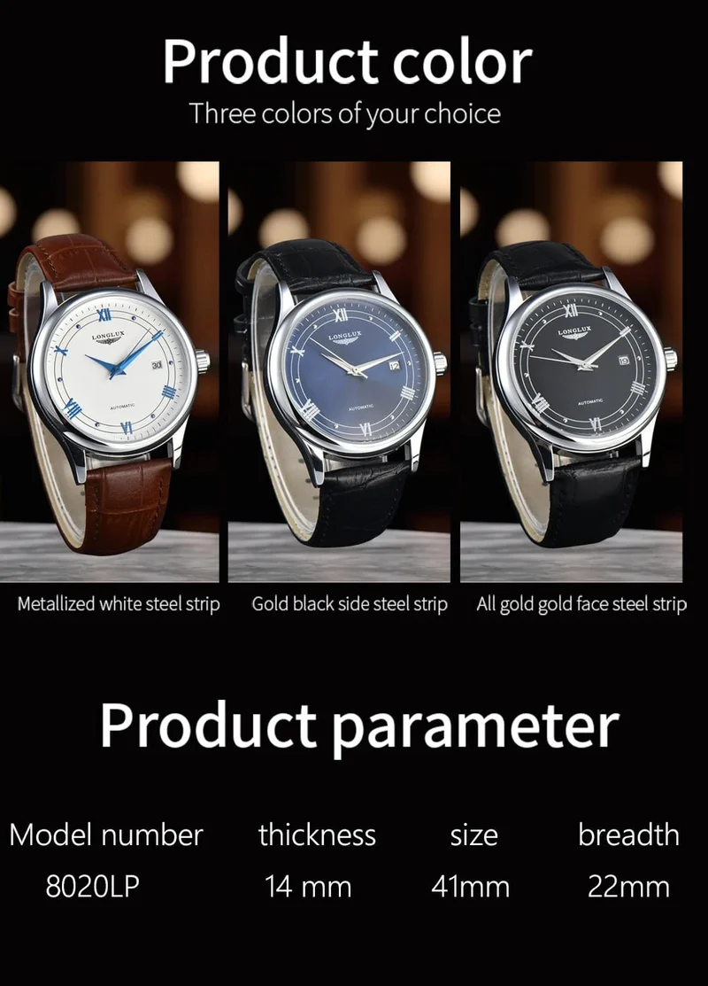 Mann uhr automatische bewegung römischen stil großhandel automatische uhr leder wasserdicht datum LONGLUX mechanische armbanduhren