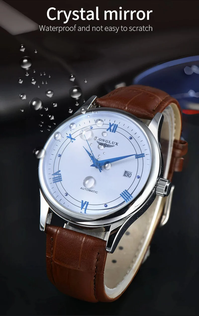 Mann uhr automatische bewegung römischen stil großhandel automatische uhr leder wasserdicht datum LONGLUX mechanische armbanduhren