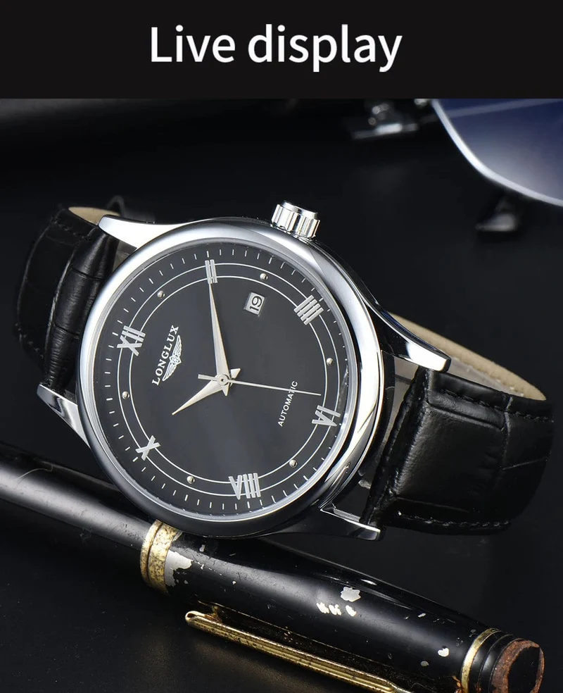 Mann uhr automatische bewegung römischen stil großhandel automatische uhr leder wasserdicht datum LONGLUX mechanische armbanduhren