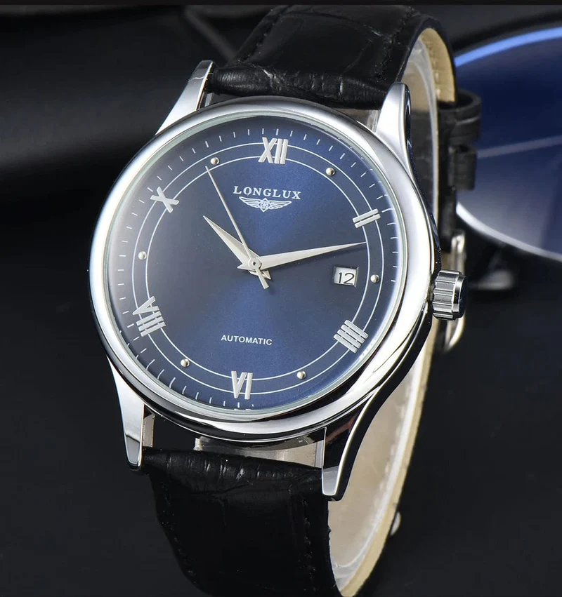 Mann uhr automatische bewegung römischen stil großhandel automatische uhr leder wasserdicht datum LONGLUX mechanische armbanduhren