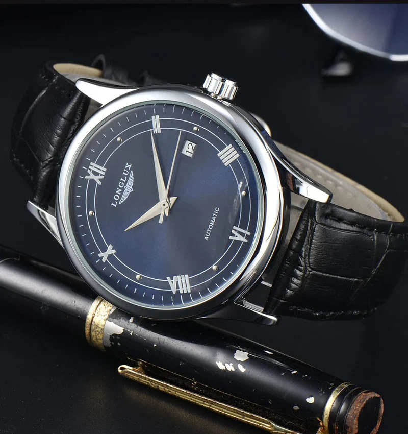 Mann uhr automatische bewegung römischen stil großhandel automatische uhr leder wasserdicht datum LONGLUX mechanische armbanduhren