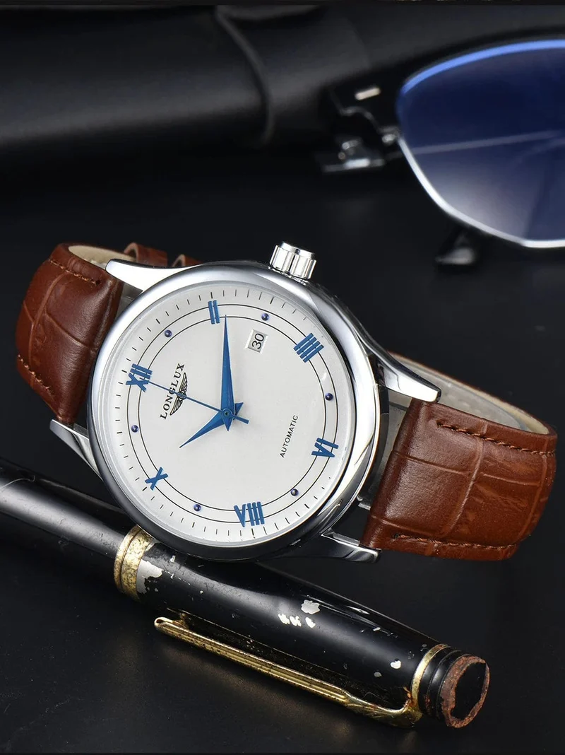 Mann uhr automatische bewegung römischen stil großhandel automatische uhr leder wasserdicht datum LONGLUX mechanische armbanduhren