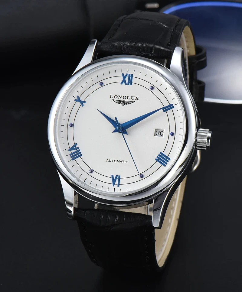 Mann uhr automatische bewegung römischen stil großhandel automatische uhr leder wasserdicht datum LONGLUX mechanische armbanduhren