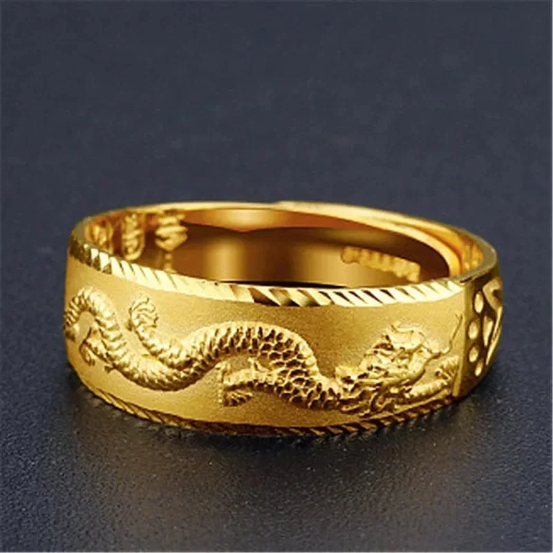 Gold 14 K Ring für Mann Luxus Gravur Drache Verstellbarer Ring Modeschmuck Männlich Zweifarbig Gelb/Weiß Gold Fingerring Geschenk