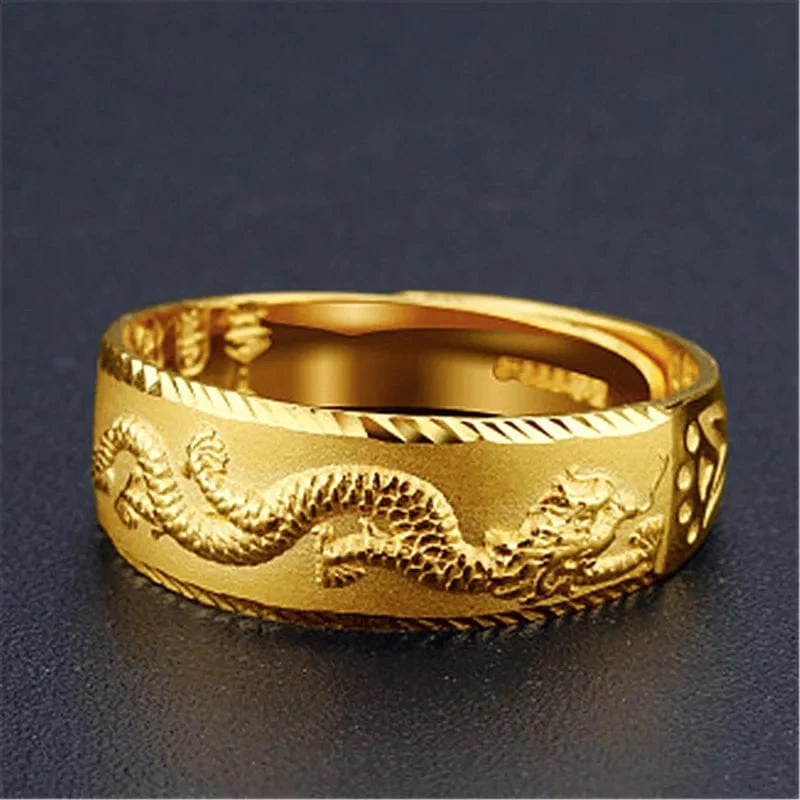 Gold 14 K Ring für Mann Luxus Gravur Drache Verstellbarer Ring Modeschmuck Männlich Zweifarbig Gelb/Weiß Gold Fingerring Geschenk