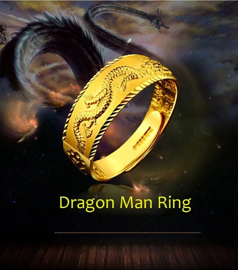 Gold 14 K Ring für Mann Luxus Gravur Drache Verstellbarer Ring Modeschmuck Männlich Zweifarbig Gelb/Weiß Gold Fingerring Geschenk