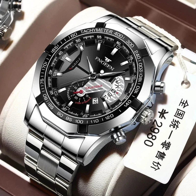 Luxus Herrenuhren Edelstahlband Mode Wasserdicht Quarzuhr Für Mann Kalender Männliche Uhr Reloj Hombre FNGEEN S001