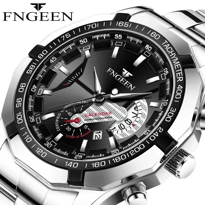 Luxus Herrenuhren Edelstahlband Mode Wasserdicht Quarzuhr Für Mann Kalender Männliche Uhr Reloj Hombre FNGEEN S001