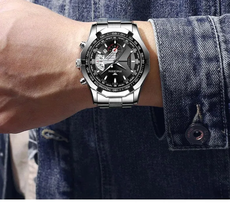 Luxus Herrenuhren Edelstahlband Mode Wasserdicht Quarzuhr Für Mann Kalender Männliche Uhr Reloj Hombre FNGEEN S001