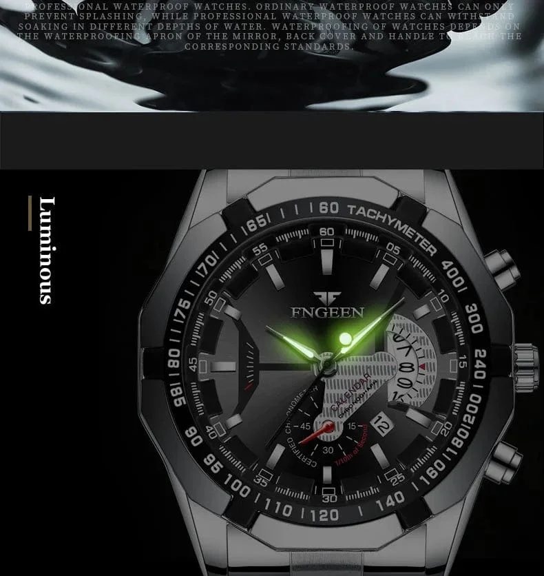 Luxus Herrenuhren Edelstahlband Mode Wasserdicht Quarzuhr Für Mann Kalender Männliche Uhr Reloj Hombre FNGEEN S001