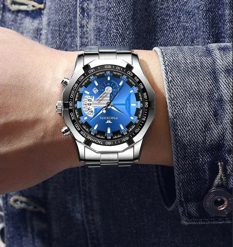 Luxus Herrenuhren Edelstahlband Mode Wasserdicht Quarzuhr Für Mann Kalender Männliche Uhr Reloj Hombre FNGEEN S001
