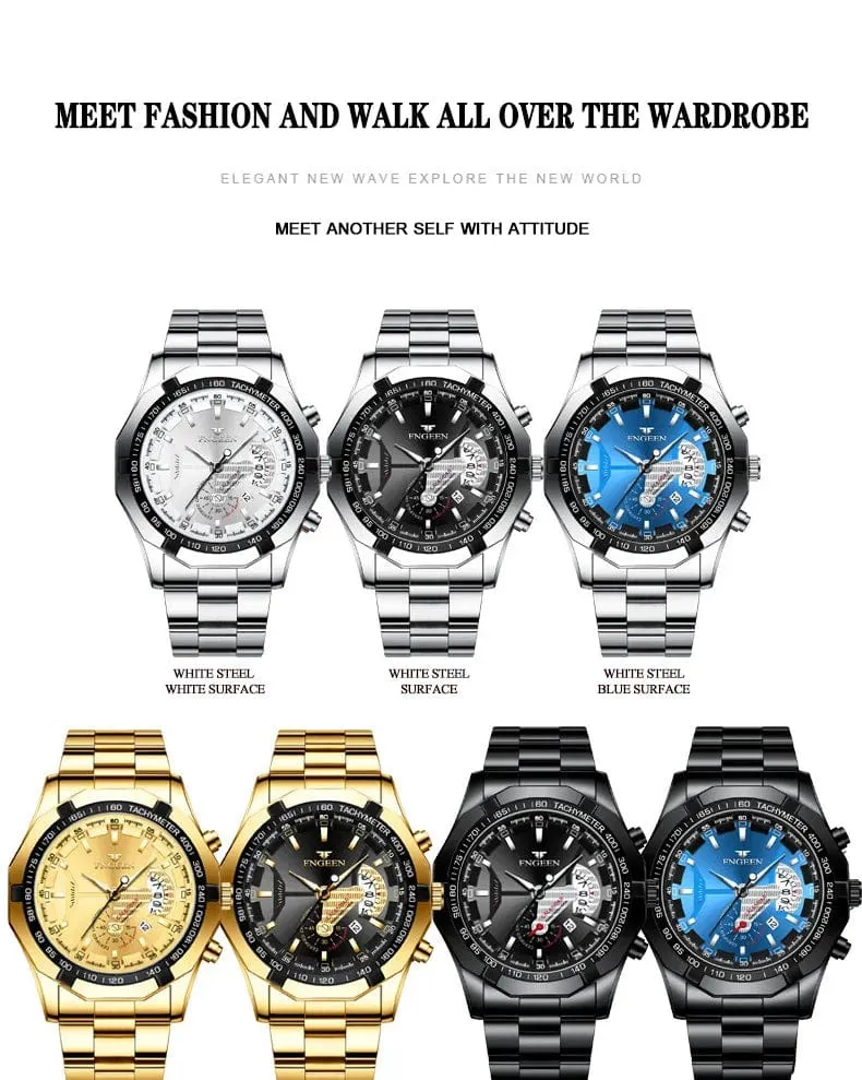 Luxus Herrenuhren Edelstahlband Mode Wasserdicht Quarzuhr Für Mann Kalender Männliche Uhr Reloj Hombre FNGEEN S001